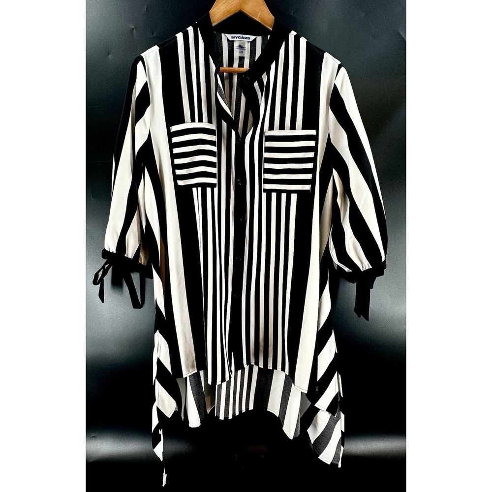 Whimsigoth High Low Tunic Blouse Sz Medium Black White Stripe Boxy Fit Bows GG32
